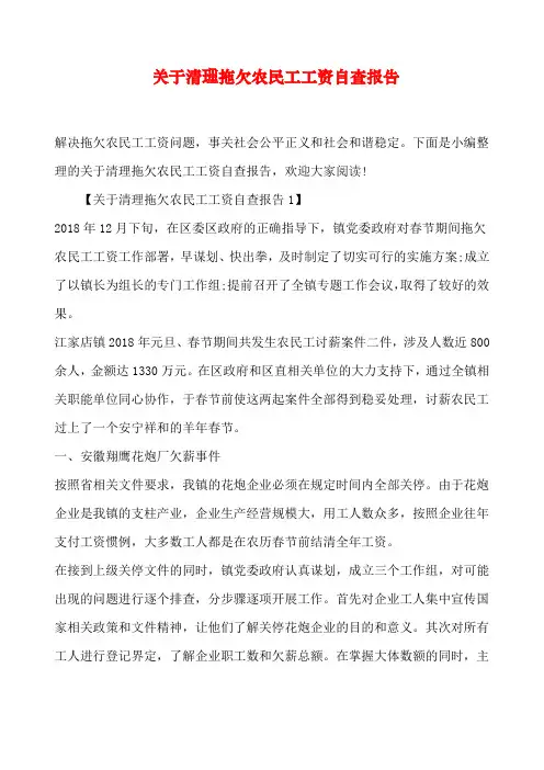 关于清理拖欠农民工工资自查报告