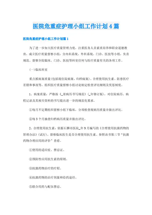 医院危重症护理小组工作计划4篇