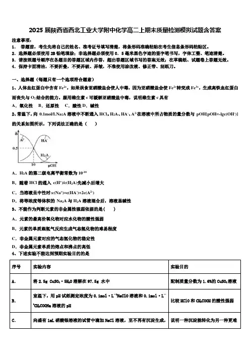 2025届陕西省西北工业大学附中化学高二上期末质量检测模拟试题含答案