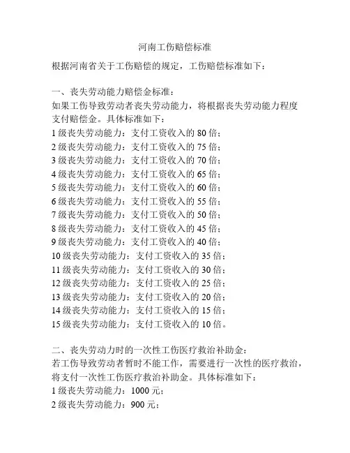 河南工伤赔偿标准
