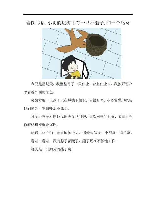 看图写话,小明的屋檐下有一只小燕子,和一个鸟窝