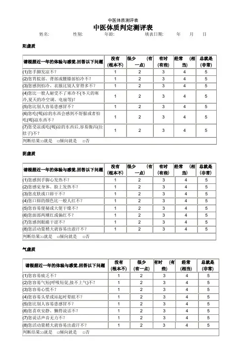 中医体质测评表