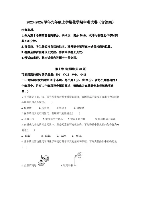 2023-2024学年九年级上学期化学期中考试卷(含答案)