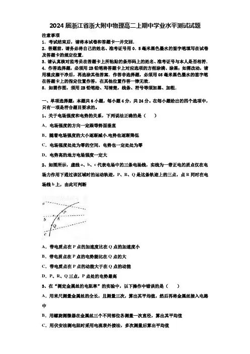 2024届浙江省浙大附中物理高二上期中学业水平测试试题含解析