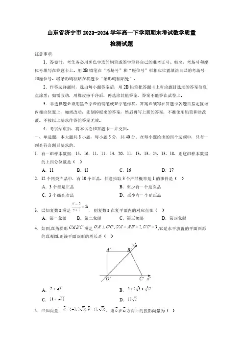 山东省济宁市2023-2024学年高一下学期期末考试数学质量检测试题(含答案)