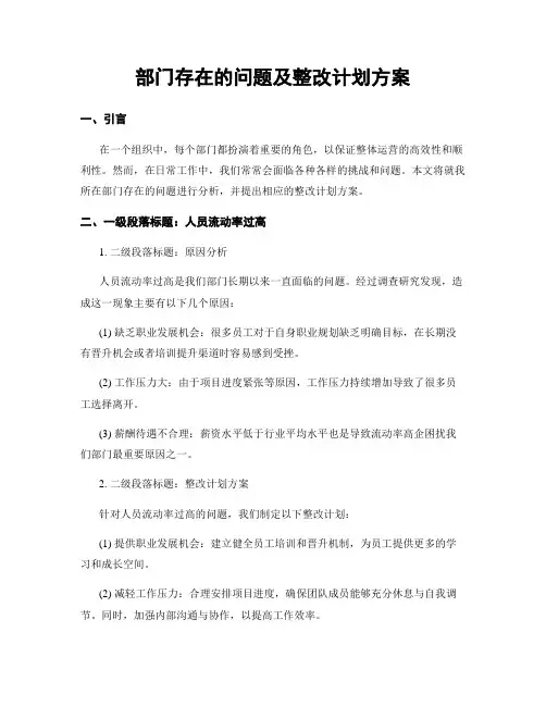 部门存在的问题及整改计划方案