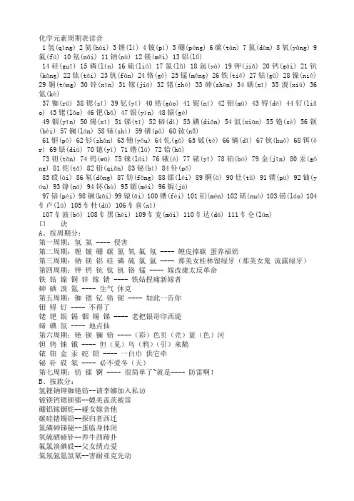 化学元素周期表读音,规律,口诀