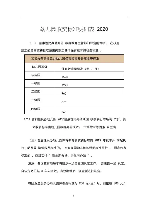 幼儿园收费标准明细表2020