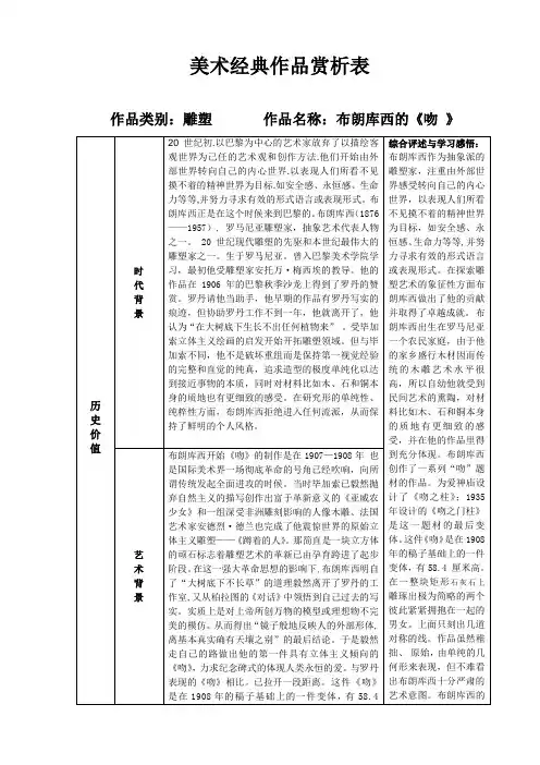 美术经典作品赏析 布朗库西的《吻》