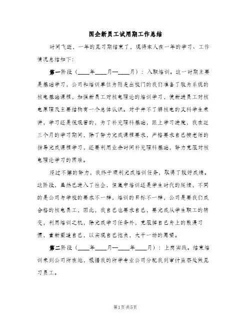 国企新员工试用期工作总结（2篇）