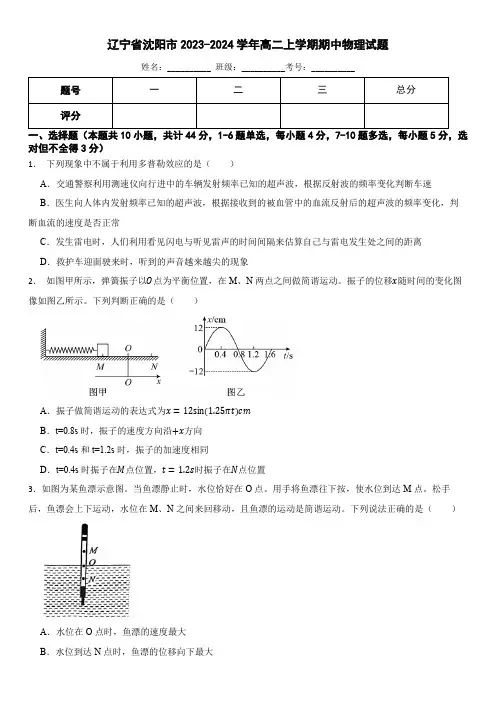 辽宁省沈阳市2023-2024学年高二上学期期中物理试题(含答案)