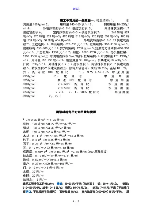 -建筑材料每平方米用量及费用