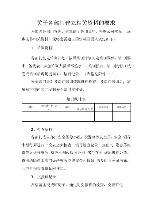 关于各部门建立相关资料的要求