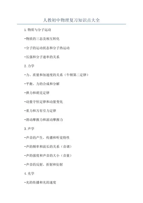 人教初中物理复习知识点大全