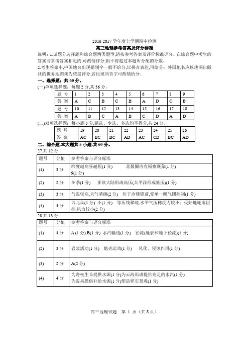 2016年11月浙江省学考选考2016～2017上学期高三期中地理试卷终稿参考答案