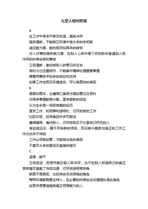 九型人格对照表
