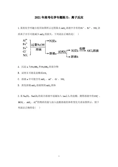 2021年高考化学专题练习：离子反应