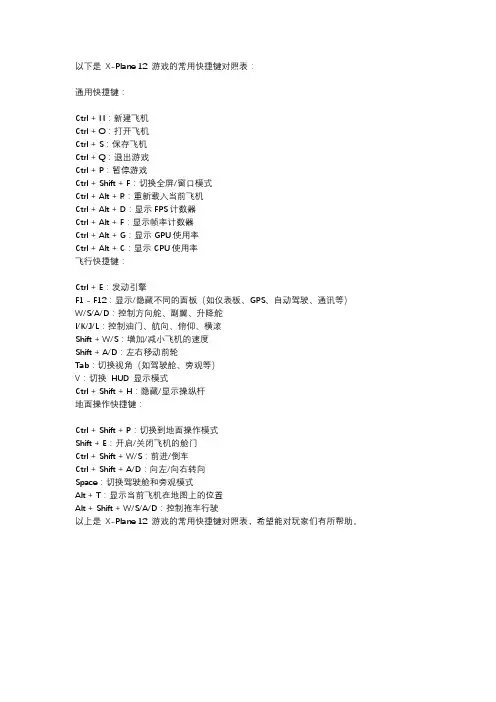 X-plane快捷键对照表
