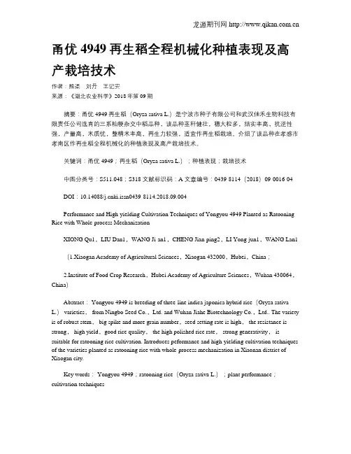 甬优4949再生稻全程机械化种植表现及高产栽培技术