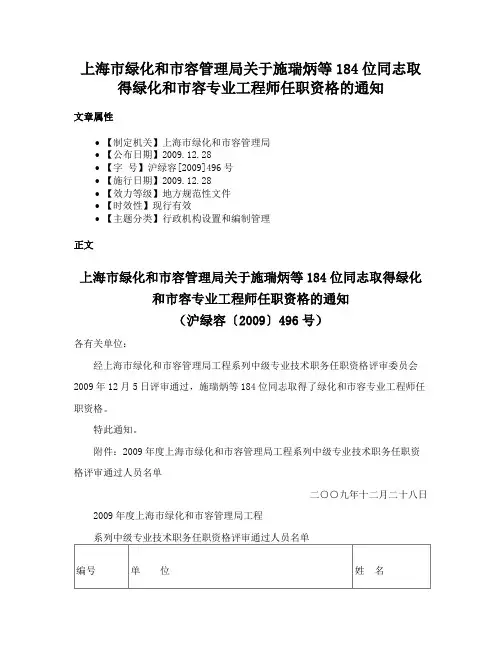 上海市绿化和市容管理局关于施瑞炳等184位同志取得绿化和市容专业工程师任职资格的通知