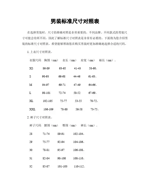 男装标准尺寸对照表