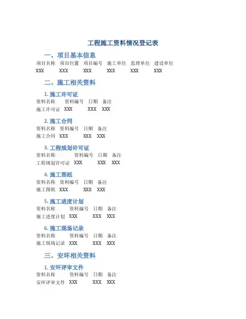 工程施工资料情况登记表