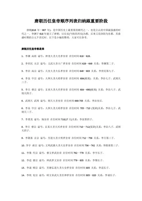 唐朝历任皇帝顺序列表归纳跟重要阶段