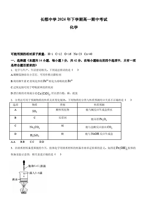 长郡中学2024年高一11月期中考试化学试题+答案