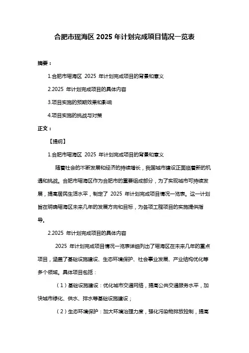 合肥市瑶海区2025年计划完成项目情况一览表