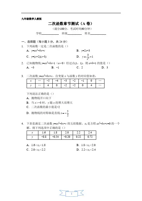 二次函数章节测试(A卷)