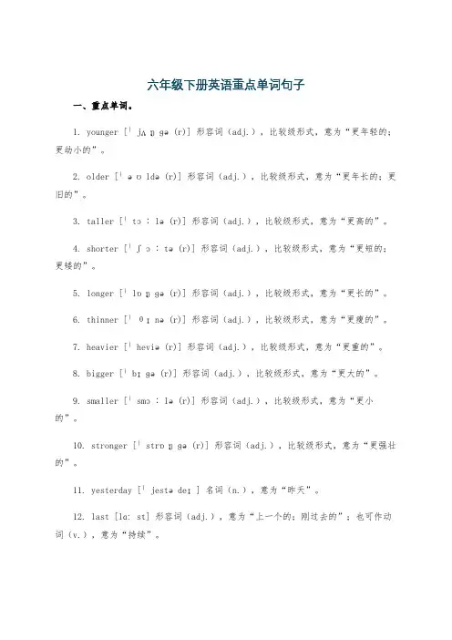 六年级下册英语重点单词句子