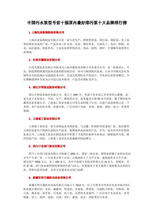 中国污水泵型号前十强国内最好排污泵十大品牌排行榜
