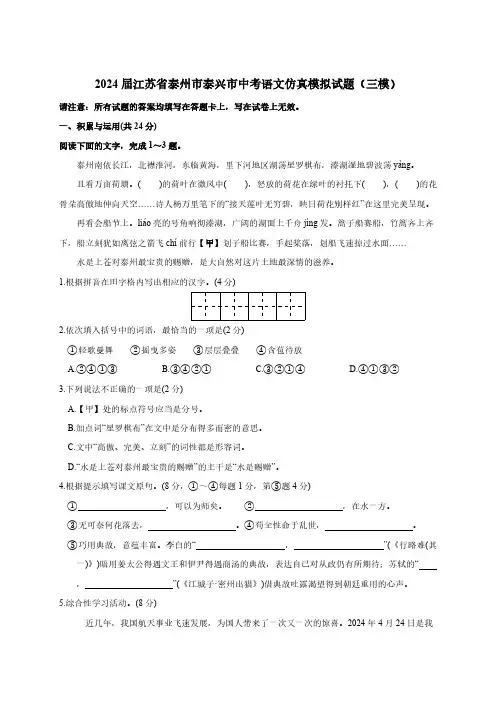 2024届江苏省泰州市泰兴市中考语文仿真模拟试题(三模)含答案