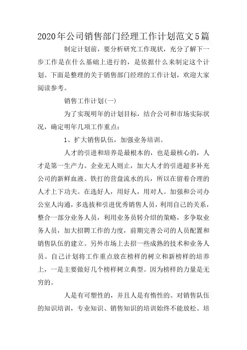 2020年公司销售部门经理工作计划范文5篇