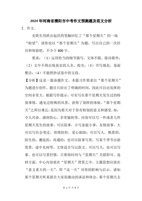 2024年河南省濮阳市中考作文猜题及范文分析