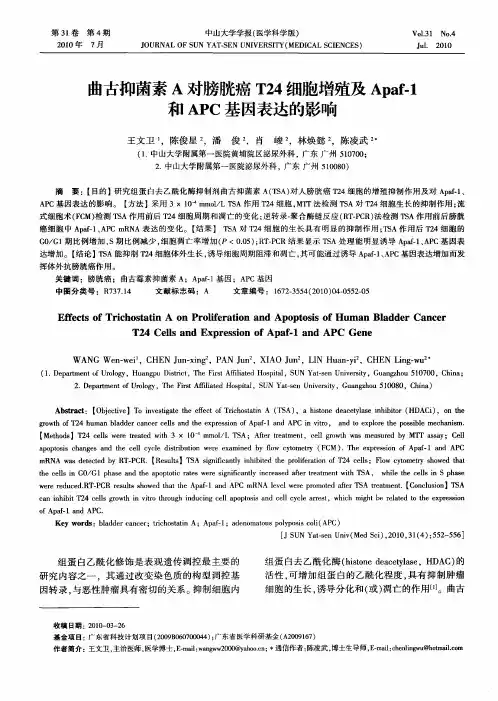 曲古抑菌素A对膀胱癌T24细胞增殖及Apaf-1和APC基因表达的影响
