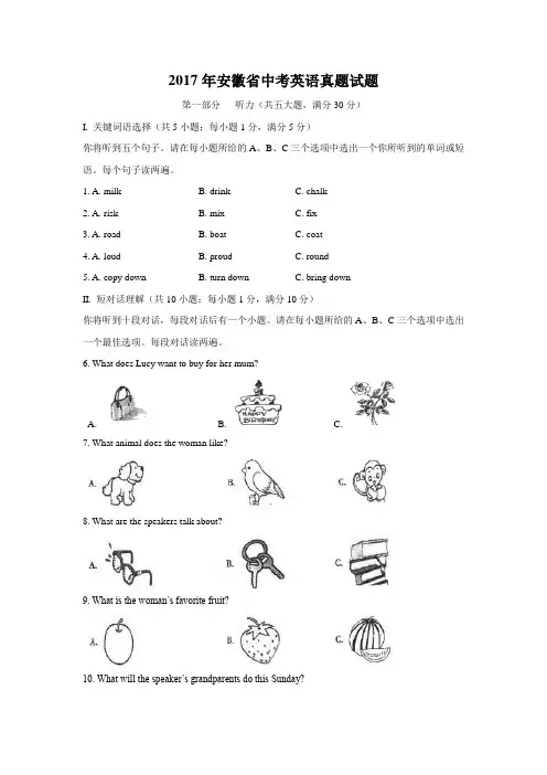2017年安徽省中考英语试卷及答案