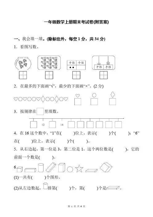 一年级数学上册期末考试卷(附答案)