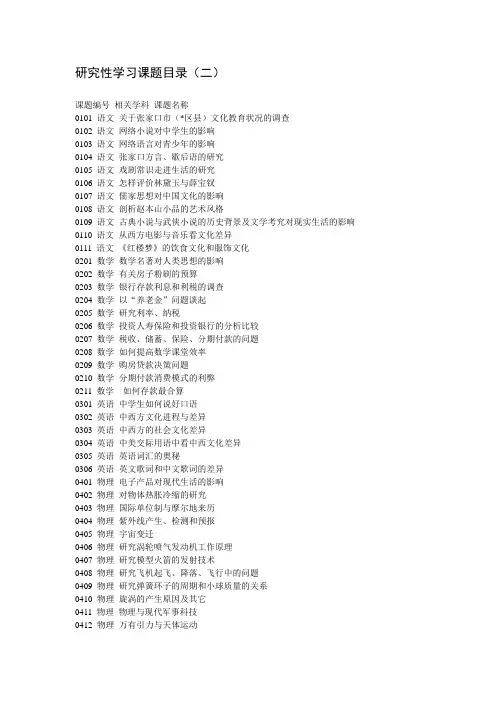 研究性学习课题目录(分学科)