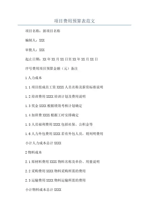 项目费用预算表范文