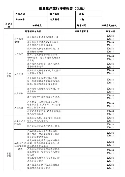 16949 批量生产放行评审报告(记录)