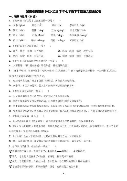 湖南省衡阳市2022-2023学年七年级下学期语文期末试卷(含答案)