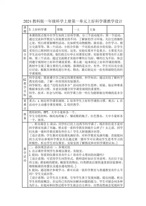 2024苏教版一年级科学上册第一单元上好科学课教学设计