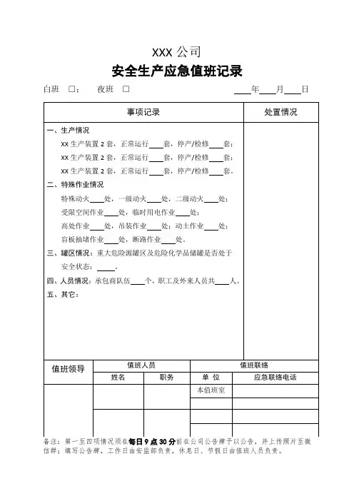 安全生产应急值班记录表