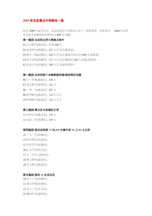 2010年北京重点中学排名一览