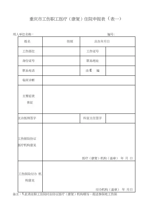 重庆市工伤职工医疗(康复)住院申报表(表一)