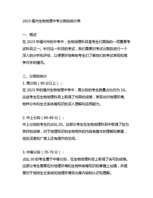 2023福州生物地理中考分数段统计表