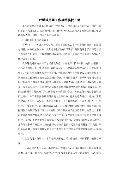 后厨试用期工作总结模板5篇