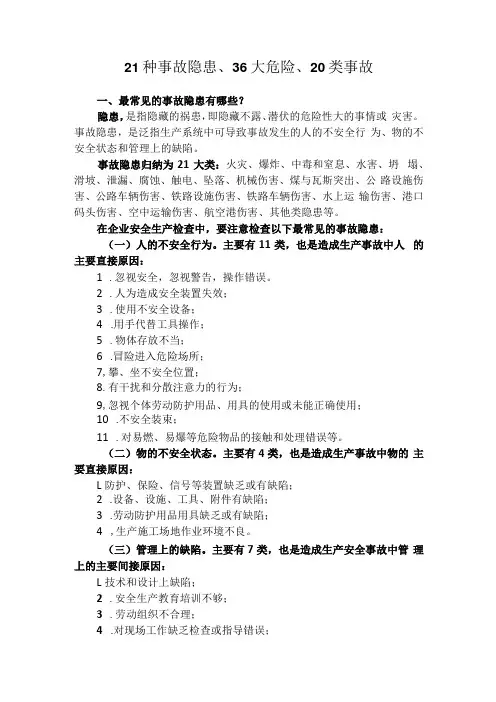 21种事故隐患36大危险20类事故
