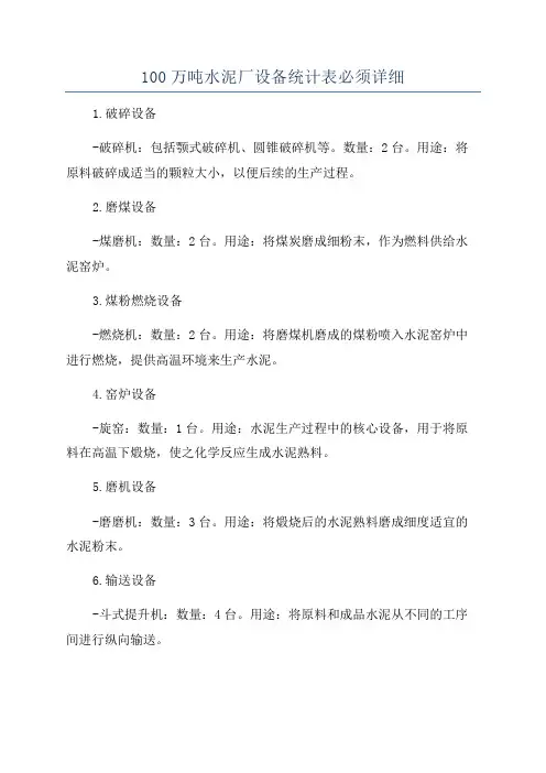 100万吨水泥厂设备统计表必须详细